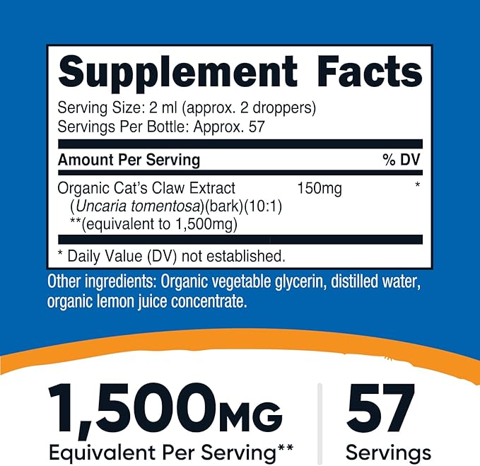 Nutricost Organic Cat's Claw Liquid Drops (1,500mg Equivalent) 3.8 Fl Oz - Uncaria Tomentosa, USDA Organic, Vegan-Friendly, GMO-Free, Gluten-Free, 57 Servings