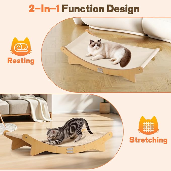 Extra Large Cat Scratcher Bed for Indoor Cats, Cats Scratcher Sofa with Sisal Scratch Mat & Soft Washable Mat, Wooden Cat Furniture Hammock Lounger for Lounge, Sleep, Scratch