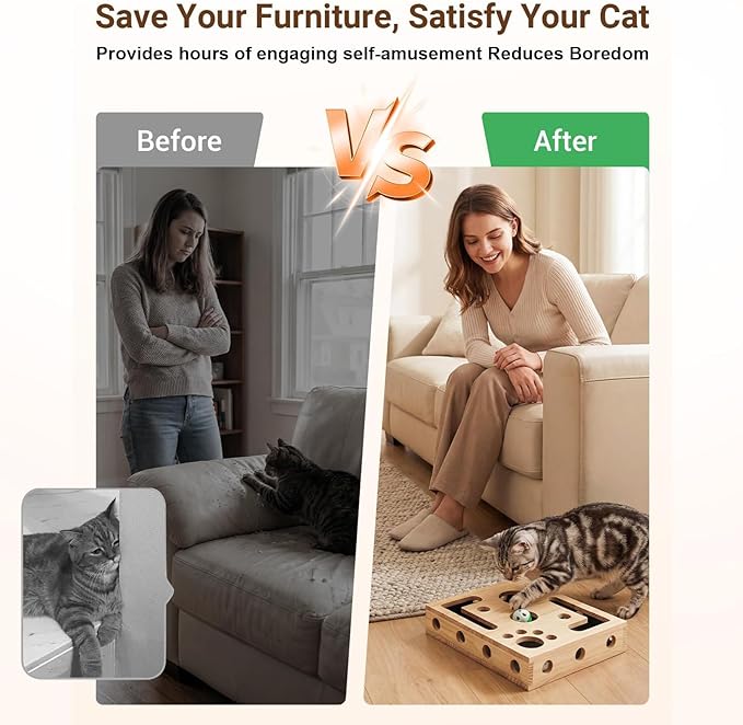 Cat Nail File Scratch Enrichment Box,Advanced Cat Scratch Puzzle Enrichment Maze Box, Nail File Stress Free Scratcher for Indoor Cats,with Sandpaper and 3 Bell Balls