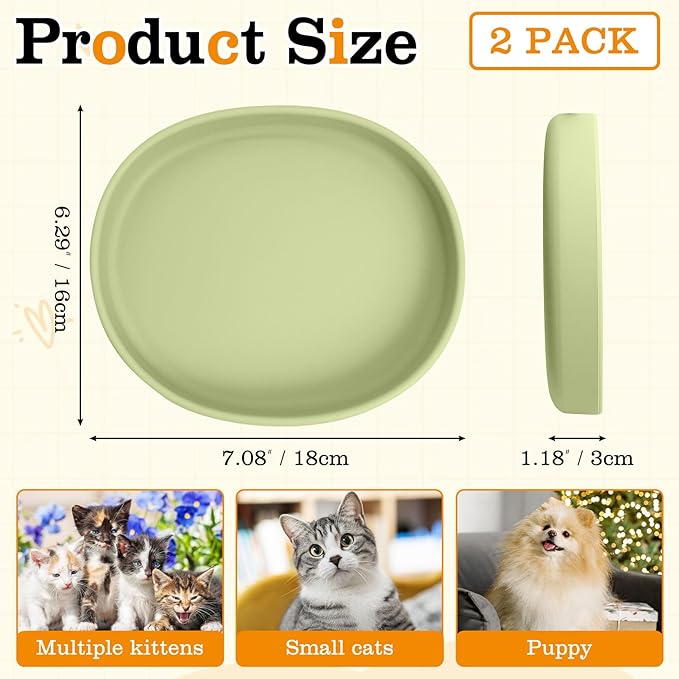 BNOSDM Silicone Cat Bowl 2 Pcs Non-Slip Cat Dish for Dry Food and Wet Food Shallow Relief Whisker Fatigue Pet Bowls Plates Set for Cats Dogs, Green