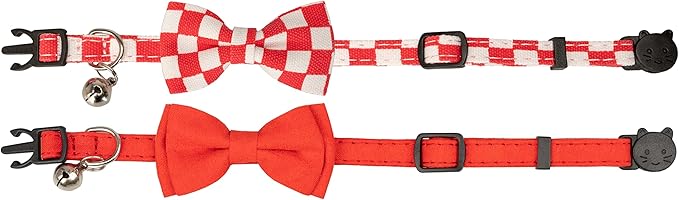 Collar for Cat Pet Breakaway with Bell Bowtie Detachable Bow Adjustable Safety Kitten Puppy Girl Boy 2pcs Plaid & Solid-Red