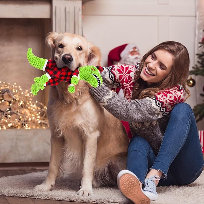 Christmas Dog Toys – Plush Reindeer & Snowman Holiday Set for Small and Medium Dogs, Soft Stuffed Chew Toys with Crinkle Ears, Festive Red Green Plaid, Cute Stocking Stuffer Gift