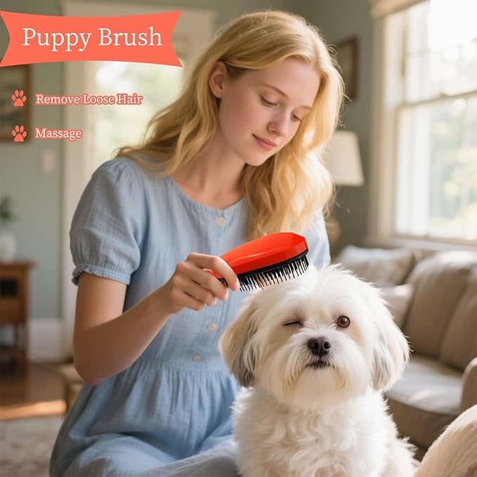 Comma-Shaped Small Dog Brush, Fit for Yorkie, Shih Tzu, Maltese Maltipoo Pomeranian - Gentle Soft Bristles for Effortless Pet Hair Removal, Puppy Essentials (Orange)