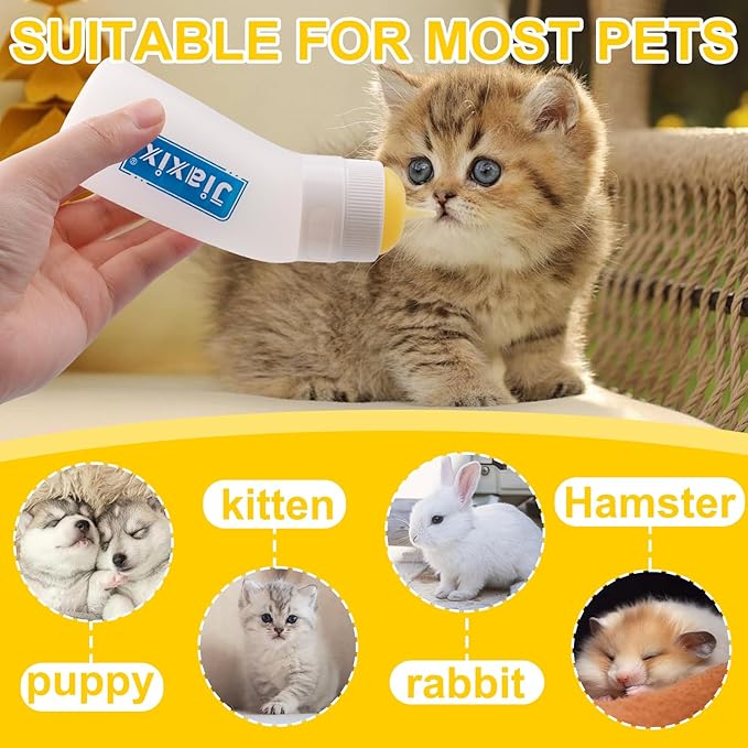 3 Pack Kitten Silicone Nursing Bottle,Silicone Feeding Nipple, Reusable Newborn Kitten Supplies, Suitable for Feeding Kitten, Puppy, Rabbit, Hamster (Yellow, Small+Medium+Large)
