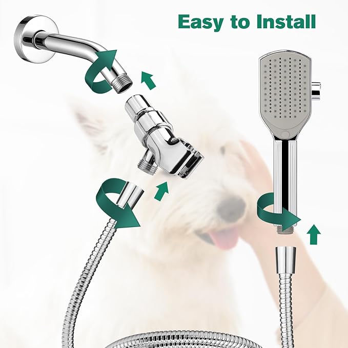 Dog Shower Attachment,Pet Washing Shower Sprayer with Stainless Steel Hose & Diverter Valve, 2 Mode Handheld Shower Head Brush, 3-in-1 Dog Shower Head for Bathing, Grooming, Massage - Indoor & Outdoor