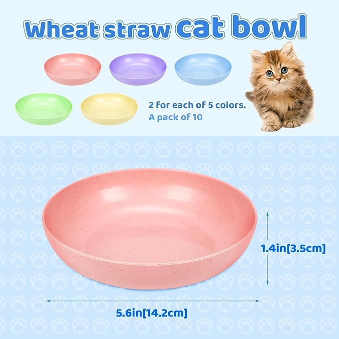 TKOnline 10 Pcs Cat Food Bowl, 5.6 Inch Plastic Shallow Pet Food and Water Dish for Relief Whisker Fatigue, Wide Cat Wet Feeding Bowls, Small Flat Dish for Indoor Outdoor Kittens Dogs