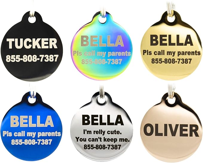 Engraved Dog Tags Personalized - Stainless Steel Engraved Dog Cat ID Tags Front & Back up to 8 Lines of Text Color Plating Gold, Rose Gold, Blue, Black, Nebula Round Small