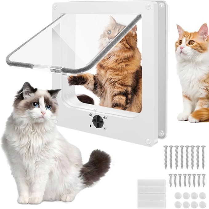 Cat Door Interior Door, 4-Way Lock Indoor Cat Doors, Magnetic Closure Reinforced Pet Doors for Cats up to 18 Lbs, Easy DIY Installation for Interior and Exterior Doors