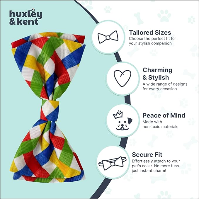 Huxley & Kent Pet Bow Tie for Dogs & Cats - Adjustable Hook & Loop Collar Accessory - Cute & Comfortable for Holidays & Celebrations - Summertime Check, Small