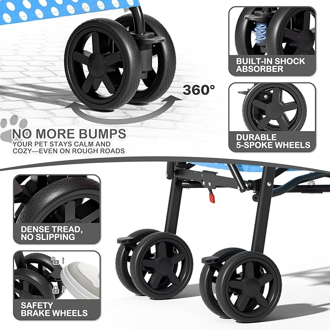 MoNiBloom 4 Wheels Pet Stroller, Easy-Fold Umbrella Shaped Dog Cat Jogger Stroller w/Storage Bag & Visible Mesh for Small/Medium Dogs Cats Sky Blue Polka Dots