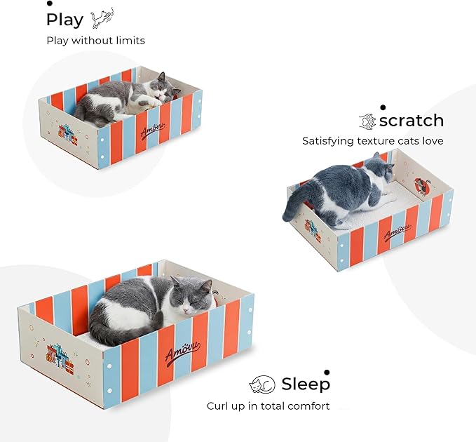 Cat Scratcher Box & Bed – Durable Grayboard Cat Lounge with White Wood-Pulp Scratch Pad, Easy Assembly & Dopamine Color Design for Indoor Cats