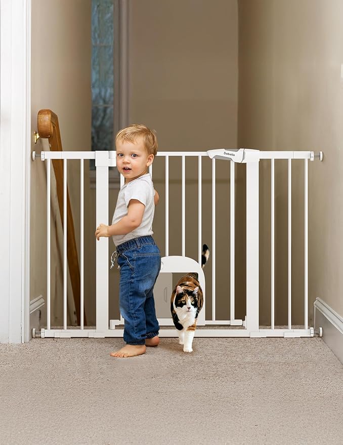Babelio 29-48" Extra Wide Baby Gate with Adjustable Cat Door,Easy Install Pressure/Hardware Mounted,Auto Close Pet door for Stairs,House,Doorways,Effortless Walk Thru,White