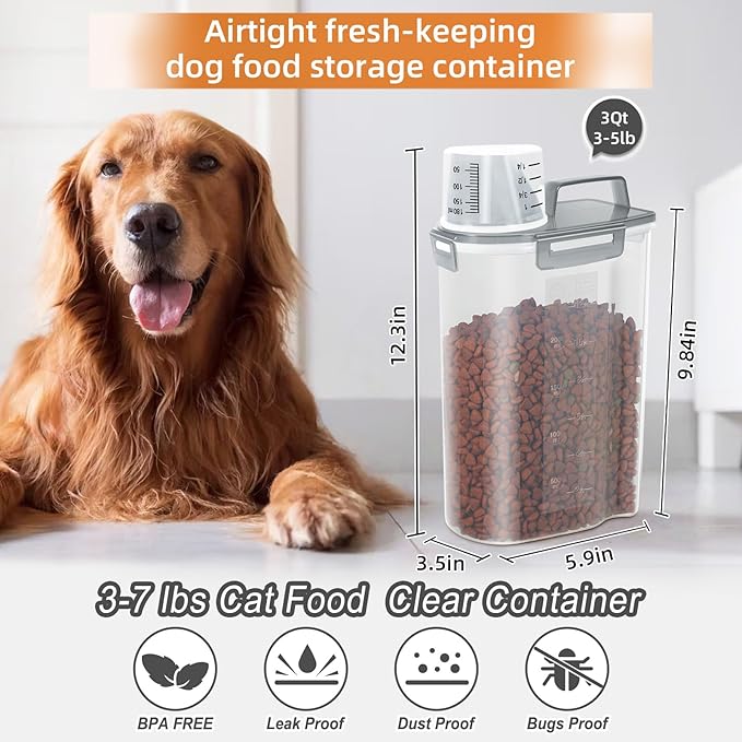 3-5Lbs Airtight Small Cat Dog Pet Food Storage Containers BPA Free, with Large Pour Spout/1 Measuring Cup/ 4 Safety Locks and Double-layer Silicone Strip (Clear Grey 2Pack)