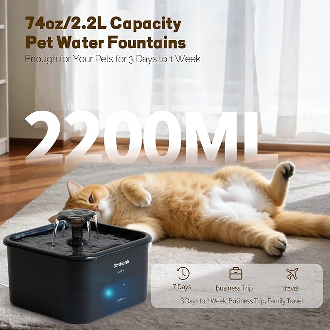 Cat Water Fountain, 74oz/2.2L Catsfoutek Pet Water Fountains for Cats Indoor, 12 Set of Filters Cat Drinking Fountain with Ultra Quiet Pump- for Pets and Small Animals, Black
