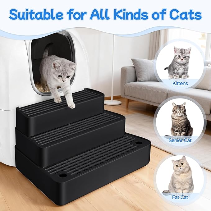 Extra Large 3 Steps Litter Box Ramp, Adjustable Cat Litter Box Step with Filter Function, Easy to Clean Cat Litter Stair Catcher for Elderly Cats and Kitten (Black)