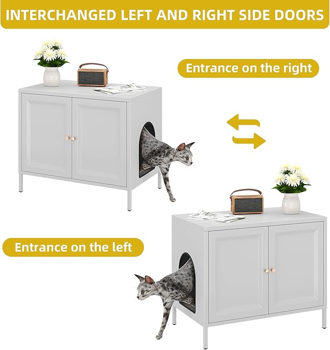 METAN Metal Cat Litter Box Enclosure,Steel Cat Washroom Furniture with Barn Door, Pet House, Fit Most of Litter Box,Assembly Required,White