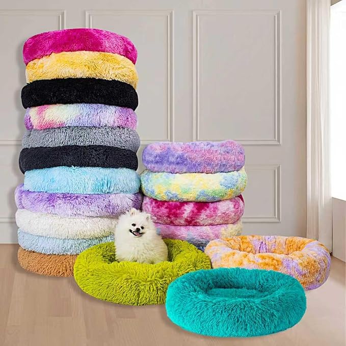 Calming Dog Bed for Small Dogs Cats, Kitty Puppy 23'' Round Anti-Anxiety Warm Fluffy Plush Faux Fur Bed, Soft Anti-Slip Donut Washable Small Pet Bed, Cozy Cat Puppy Bed, Fits up to 30 lbs Pets