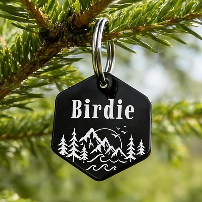 Personalized Pet ID Tags, Customizable Hexagon, Bone and Round Shapes, Multiple Designs with Mountain, Floral, and Night Sky Patterns, Stainless Steel Dog and Cat Tags (Hexagon)