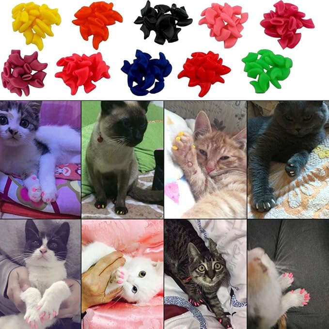 VICTHY Cat Nail Caps, 100pcs Medium Size 5 Colors, with Glue and Applicators, Natural Vinyl Resin, Long-lasting, for Cat Claw Care, Protect Homes and Furniture, Avoid Scratching, Multicolor