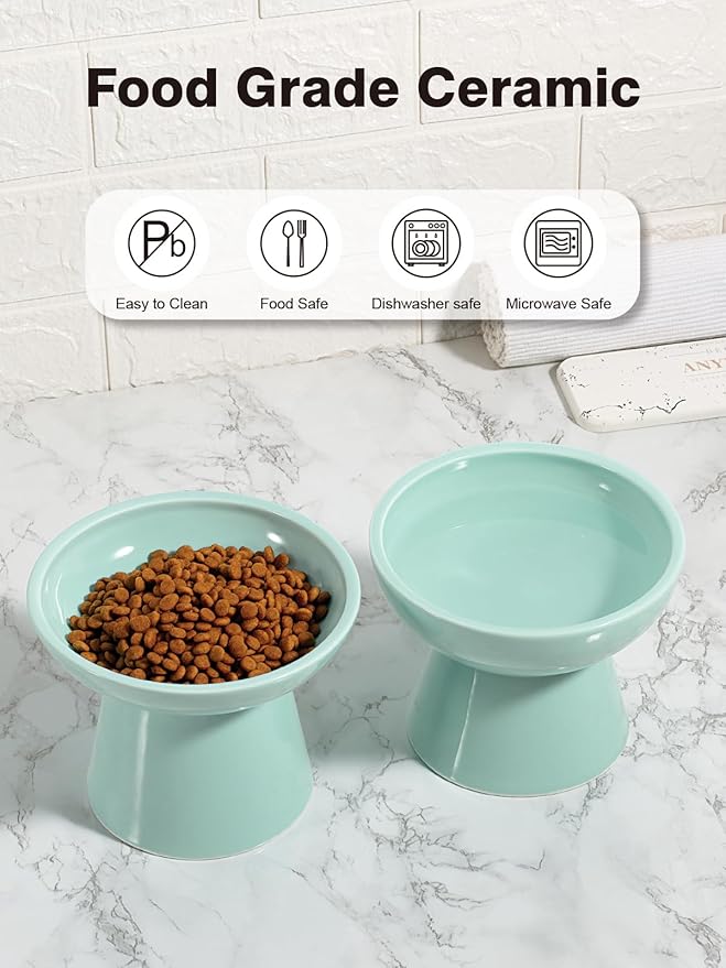 LoeJan Elevated Cat Food and Water Bowls Set, Extra Wide and Raised Ceramic Feeder, Anti-Vomit Whisker-Free Pressure Feeding Bowl for Kittens Adult Small Dogs (Blue)