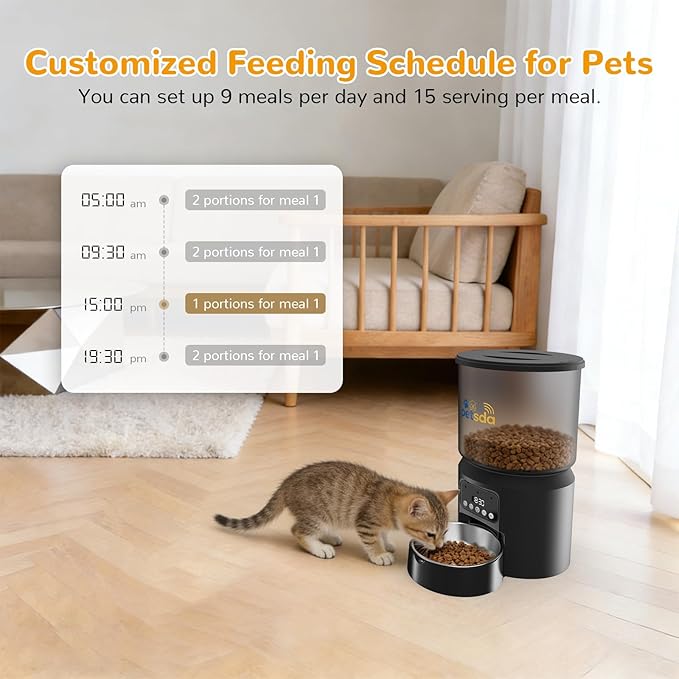 Automatic Cat Feeders, 4L Timed Cat Dry Food Dispenser Auto Pet Feeder for Cats and Small Dogs Dual Power Supply 9 Meals Programmable 1-15 Portion Per Day with Stainless Bowl Easy Clean