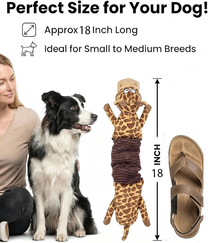 3-in-1 Squeaky Dog Toy for Chewer (Squeaker, Crinkle Paper & Elastic Band), Durable Interactive Puppy Plush Chew Toy for Boredom, Tug of-War, for Small Medium Large Breed (2 Pack, Giraffe,Unicorn)