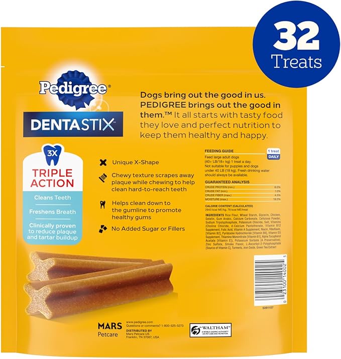 Pedigree Dentastix Large Dog Treats, Original Flavor with Real Chicken, 1.66 lb. Bag (32 Treats Total)