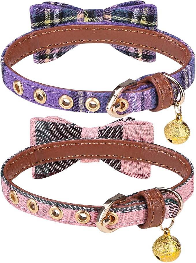 PUPTECK Puppy Collar with Bell XXS Dog Collar Charm Adjustable Bowtie Soft Leather for Cats Kittens Extra Small Dogs 2 Packs