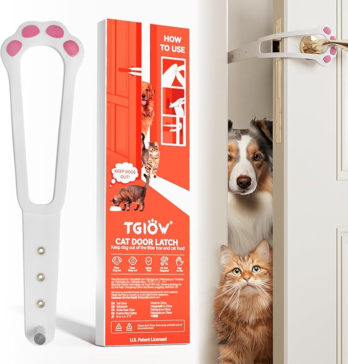 TGIOW Cat Door Latch, 1 Pcs Cat Door Stopper Pet Door Latch to Keep Dog Out of Litter Box and Food, Door Prop for Cat with 4 Adjustable Size Strap 2.2-5" Wide, No Measuring, Easy to Install, White