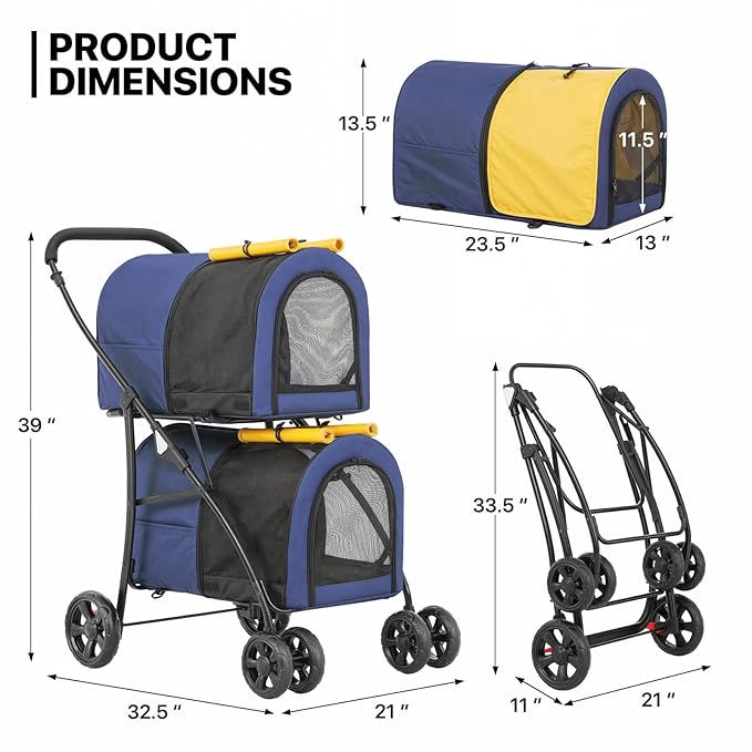 MoNiBloom Double Dog Stroller with Detachable Carrier Bags Large 4 Wheels Foldable Jogger for Small and Medium Dog Cats, Navy Blue/Yellow
