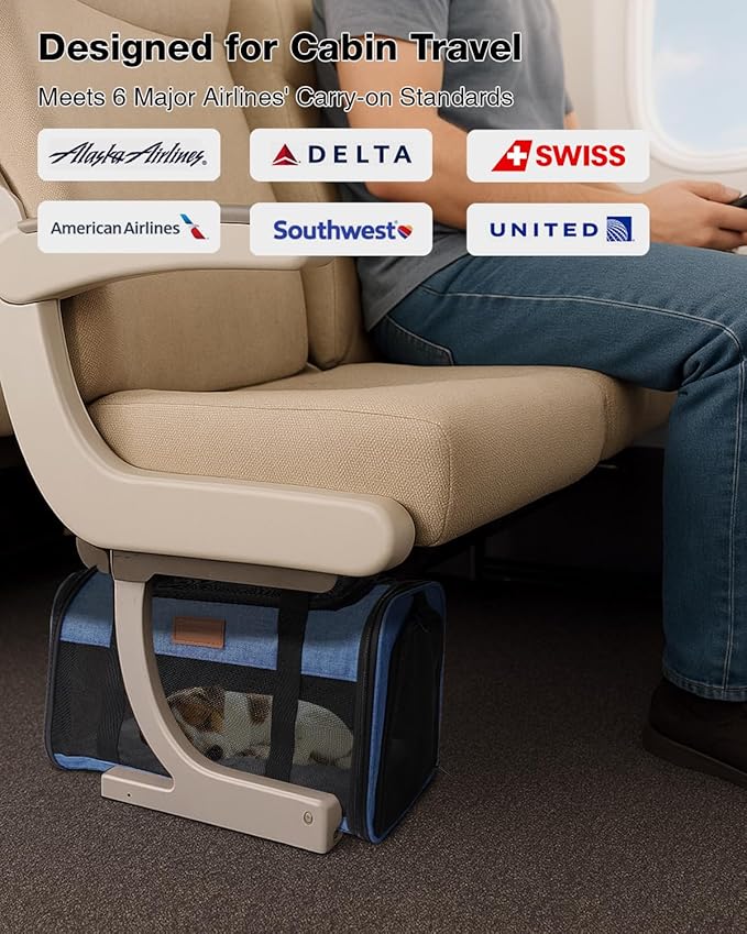 Pet Carrier Airline Approved 17x11x9.5 in - Underseat, Top & Side Entry Soft Dog Cat Travel Carrier with Safety Zippers ＆ Anti-Scratch Mesh for Small Cat and Dog for Pets Up to 10 Lb - Blue