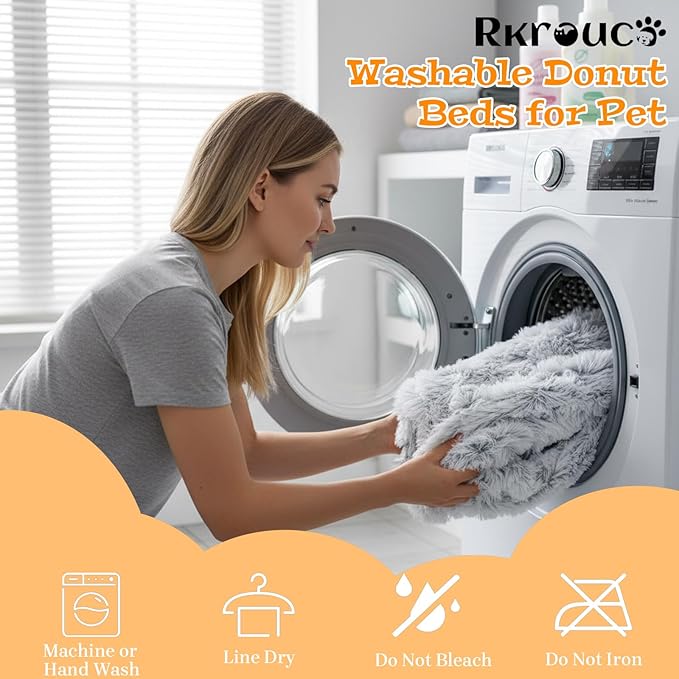 Fluffy Dog Bed Calming Donut Beds for Large Dogs Warming Round Small Medium Pet Nest Cozy Cat Mattress Indoor Washable Puppy Kennel Kittens Sleep Mat (S, 23.6×23.6 inch, Light Gray)