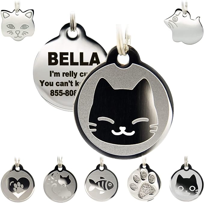 Stainless Steel Cat ID Tags - Engraved Personalized Cat Tags Includes up to 4 Lines of Text with Kitty Face Shape