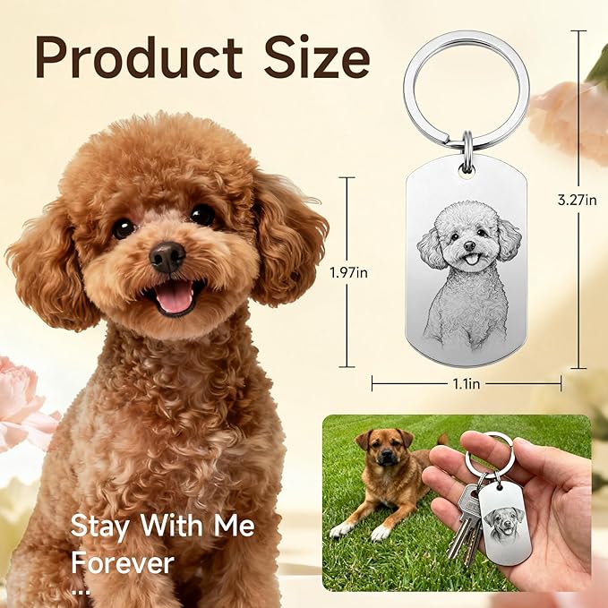 Custom Dog or Cat Portrait Keychain, Personalized Photo Engraved Keychains with Name, Customized Pet Memorial Gifts for Loss of Pets (Dog Tag Shape)