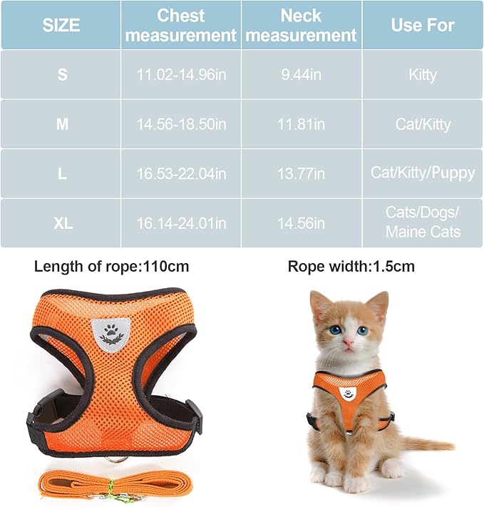 shudyear Summer cat Chest Harness and Leash, Anti-Escape Adjustable Soft mesh cat Leash and Chest Harness Set for All Types of Cats cat Vests (Size XL, Orange)