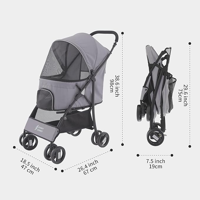 Sunny Sonny Foldable Jogger Pet Stroller with Weather Cover Storage Basket Pet Travel Carrier for S/M Dogs Cats up to 33lbs (Grey)