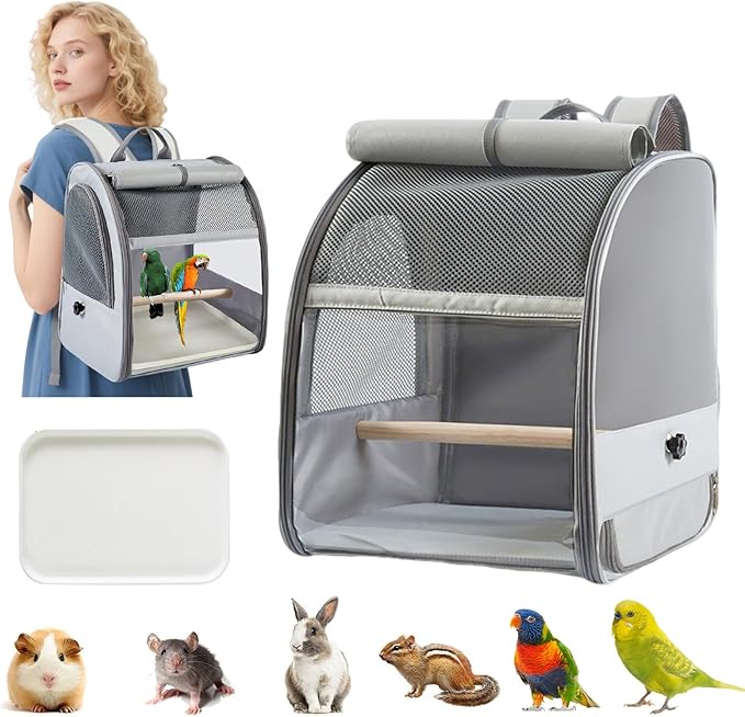 PETCUTE Bird Carrier Backpack,Breathable & Portable,Pet Travel Cage with Upgraded Tray and Standing Perches,Lightweight Foldable Birds Travel Cage for Hiking Camping,for Small Birds, Green Cheek