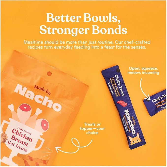 Made by Nacho Wet Cat Food Variety 12 Pack (3oz Each), Cage-Free Chicken, Sustainably Caught Salmon, Grass-Fed Beef with Bone Broth for Extra Hydration, Gravy Cut Pouches