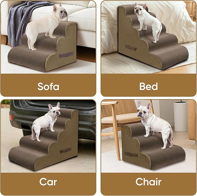 PAWSCART Dog Stairs for Small Pets, 15.7" H with 30D Material Soft Foam, Portable Ramp Non-Slip Surface Non-Slip for Couch and High Bed Climbing, 3-Step Stairs for Cat or Dog, Brown