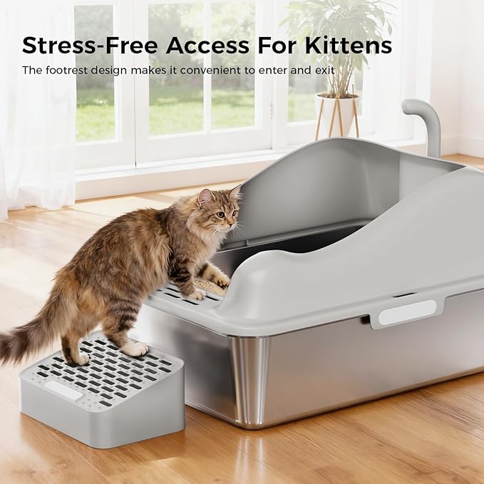 GTPLAYER XL Stainless Steel Cat Litter Box for Big & Multiple Cats, Easy Clean Odor-Resistant Design, High Sided Leak-Proof Litter Box with Mat & Scoop – Dark Grey