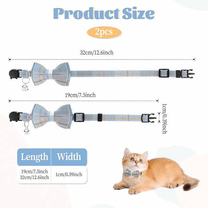 2 PCS Bow Tie Cat Collar with Bells Cat Collar Breakaway Cute Bowtie Plaid Cat Collar with Cat Buckle Soft Adjustable Kitten Accessories for Indoor Cats Puppy and Small Pets Blue and White Plaid