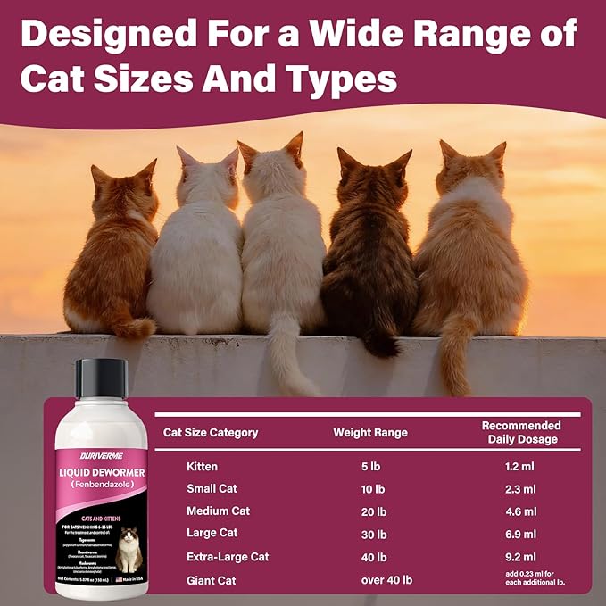 Dewormer for Cats & Dogs, Fenbendazole, Tapeworms, Roundworms & Hookworms, Suitable for Cats Weighing 6-25 LBS， (150ml) Lickable Formula Individually Wrapped