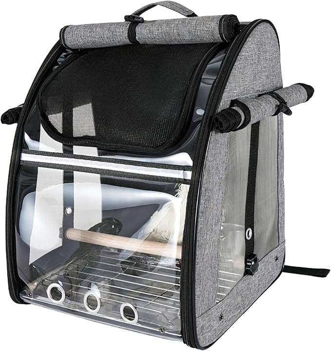 Sanmoncare Bird Carrier Backpack, Parrot Travel Bag with Stand, Stainless Steel Mesh Travel Cage for Cockatiel, Portable Bird Travel Carrier, Pet Transparent Breathable Travel Cage Large