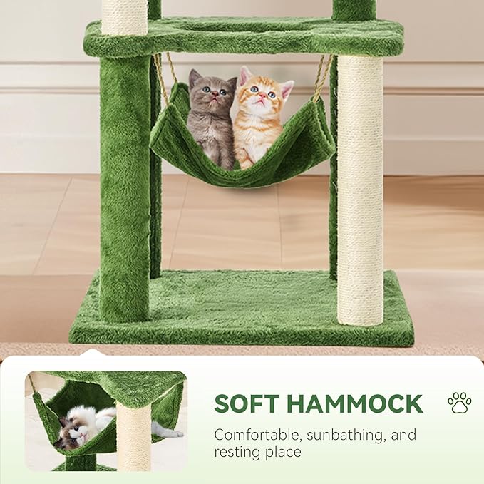 61-Inch Tall Cat Tree Tower with Scratching Post, Multi-Functional Cat Shaped Design Tower with Hammock, Scratcher, Pompoms, for Climbing, Lounging and Playing,Green