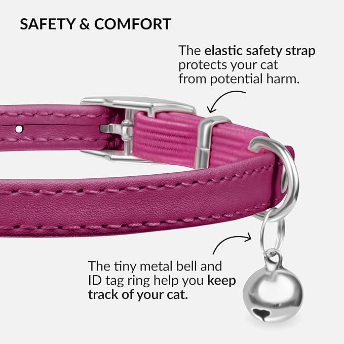 CollarDirect Leather Cat Collar with Bell - Kitten Collar, Small and Big Cat Collar for Boy Cats, Girl Cats with Safety Elastic Strap (Neck Fit 8"-11", Pink)