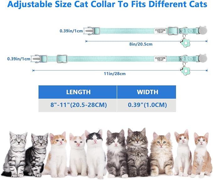 Custom Glow in the Dark Cat Collar with Breakaway Buckle Anti-Lost Nameplate Luminous Cat Collar - Adjustable Size (8-11 Inch) for Kittens Cats, Personalized Laser Engraving ID Tag & Removable Bell