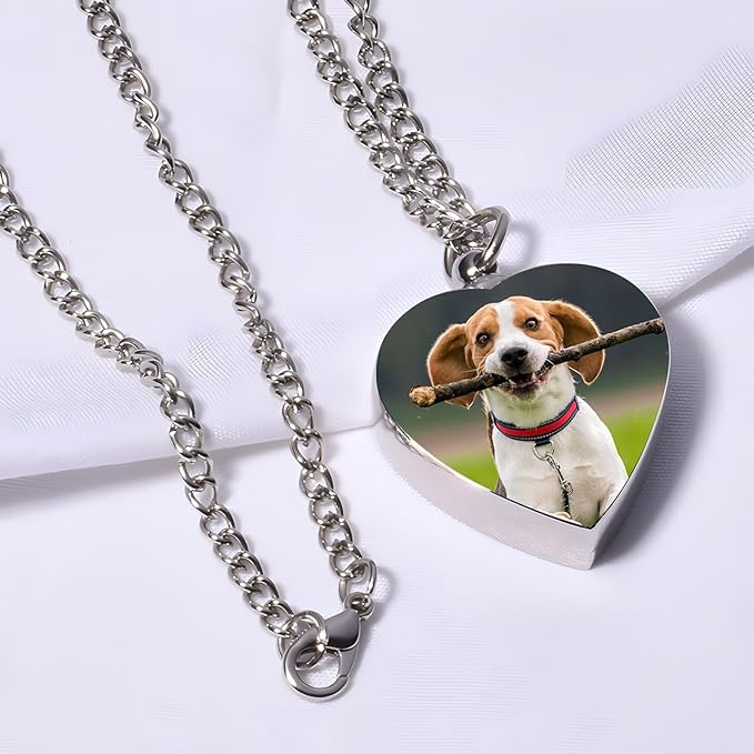 HJX Custom Dog Urn Necklaces for Ashes - Personalized Pet Cremation Jewelry for Ashes,Double-Sided Custom with Text Picture Memorial Gift for Pet Dogs Cats Ashes Necklace (Heart-1)