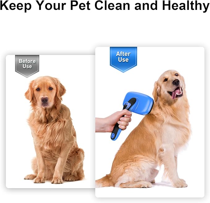 Self Cleaning Slicker Brush for Dog, Cat, Skin Friendly Shedding & Grooming Tool for Long and Short Haired Pets, Easy Clean Retractable Bristles, Blue