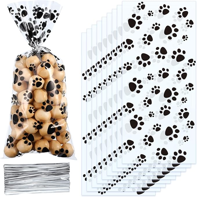 Blulu 200 Pcs Dog Treat Bags Pet Paw Cellophane Bags Dog Party Favor Heat Sealable Treat Paw Gift Cat Candy Bag with 200 Pcs Silver Twist Ties for Pet Party Favors(Black)