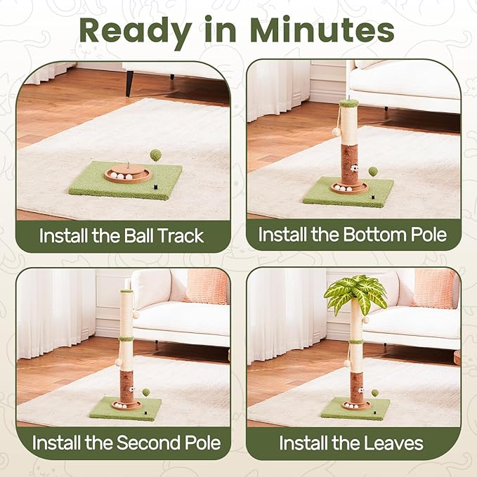 35.4" Tall Large Cat Scratching Post, Indoor Kitten Vertical Sisal Rope Scratcher Pole with Modern Aesthetic Leaf and Toy, Heavy Duty Stable Base with Multifunctional Interactive Ball Track